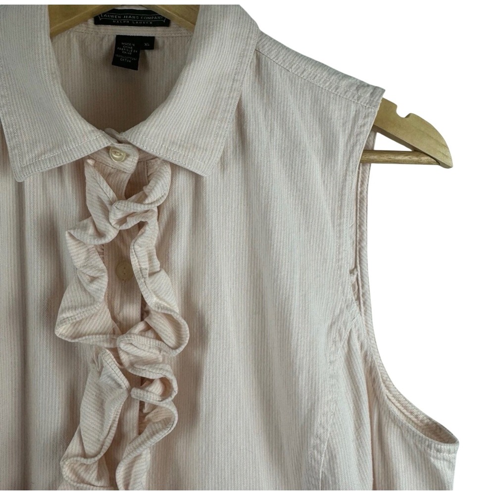 Lauren Ralph Lauren Sleeveless Top Women XL Pink Striped Ruffle Button Down